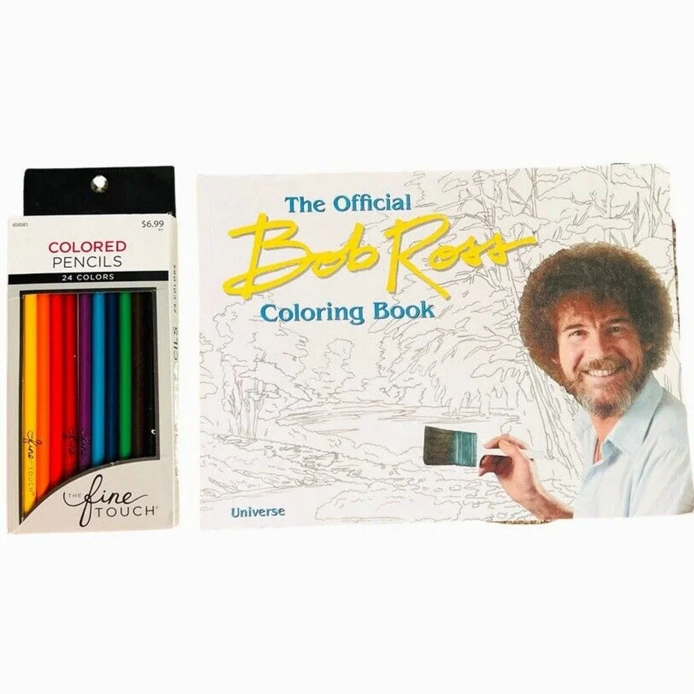 The Bob Ross Coloring Book (2017, Trade Paperback) & Fine Touch Colored Pencils